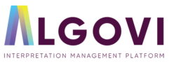 Logo of algovi interpretation management platform featuring stylized text in multicolor gradient with emphasis on technology and innovation.