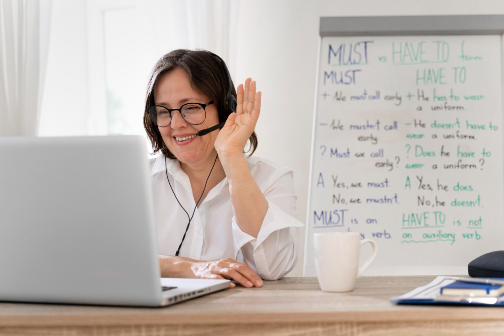 A smiling middle-aged woman wearing headphones gestures with her hand while teaching an online english language class, with a whiteboard displaying grammar notes in the background.