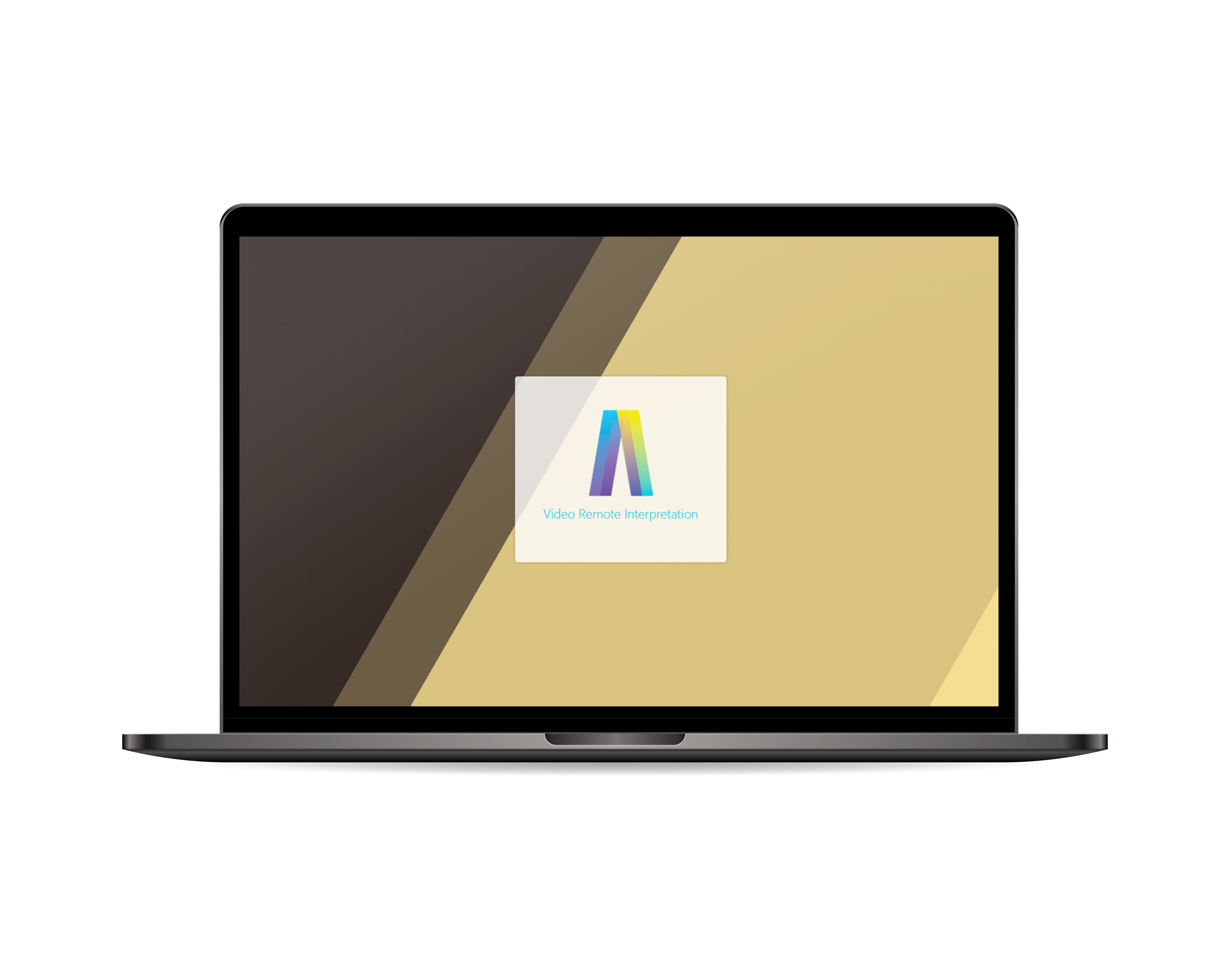 A laptop with an open screen displaying a two-tone brown and beige background. a window in the center shows an icon with "a" and the text "video remote interpretation.