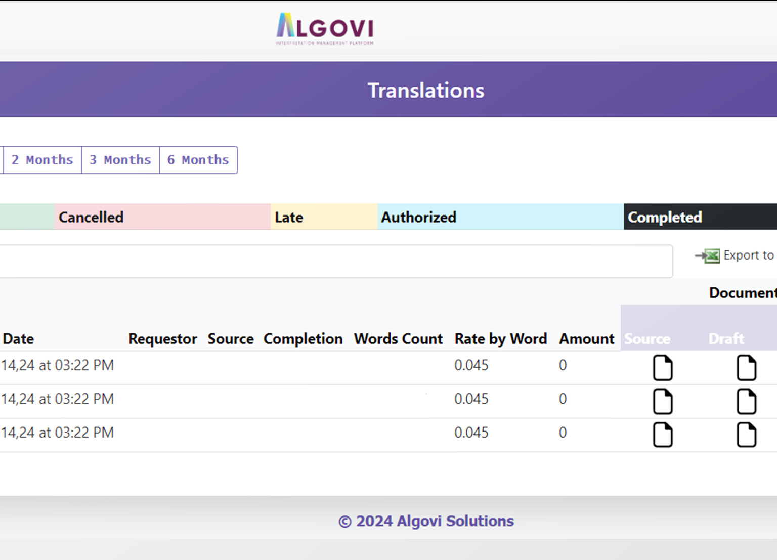 Screenshot of the algovi translation management system interface showing different project statuses like cancelled, late, authorized, and completed with details of translation requests including dates, word counts, and rates.