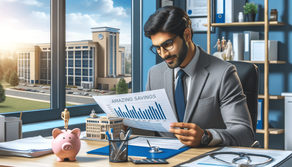 A professional man with glasses reviews financial documents in a well-organized office, featuring a piggy bank, trophy, and a view of a university campus outside.