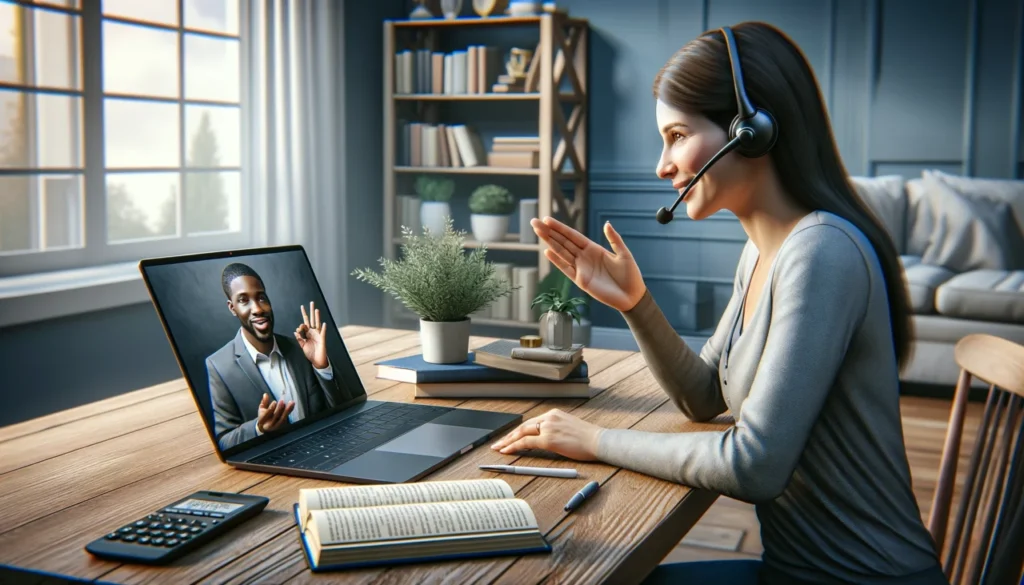 A woman with a headset participates in a video call with a smiling man on her laptop, in a warmly lit home office.